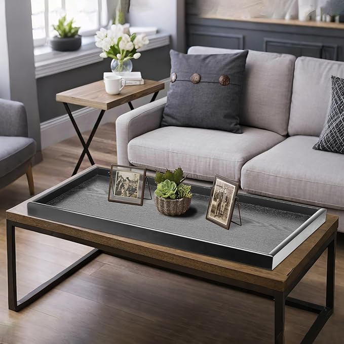 36 x 22 Inches Extra Large Solid Wood Serving Tray for Tea Coffee Table Snack Food Meals Serving Plate Kitchen Party Bar Breakfast Server with Raised Edges Black Wooden Decorative Ottoman Tray