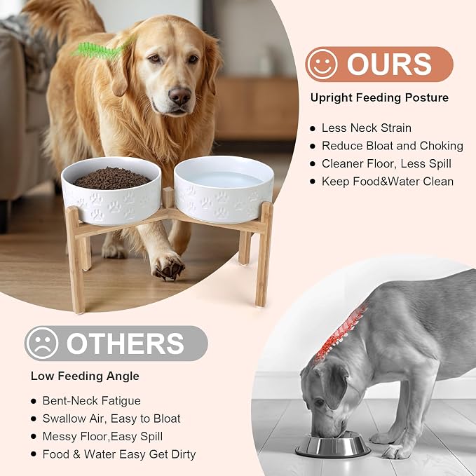 SPUNKYJUNKY Elevated Dog Bowls Ceramic, 8.3'' Dogs Food Water Bowls Raised with Non-Slip Bamboo Stand for Large Sized Breed Microwave Dishwasher Safe - 60 OZ,Paw White