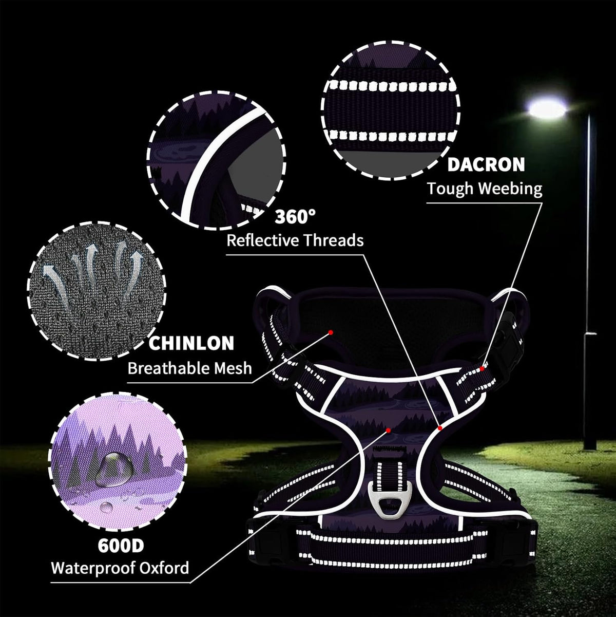Timos Dog Harness,No-Pull Pet Harness Adjustable Soft Padded Dog Vest,Reflective No-Choke Pet Oxford Vest with Easy Control Handle for X-Small Dogs,Moon Night,XS