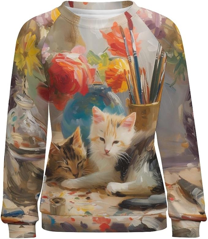 Long Sleeve Shirts for Women Cat Oil Painting Shirt 3D Graphic Sweatshirts Fall Pullover Crewneck Vintage Boho Tops