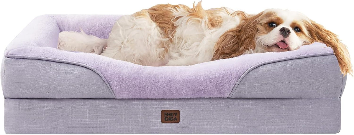 EHEYCIGA Memory Foam Dog Bed for Large Sized, Orthopedic Dog Sofa with Sides and Waterproof Liner, Washable Bolster Pet Couch with Removable Cover, 36x27x7 Inch, Purple