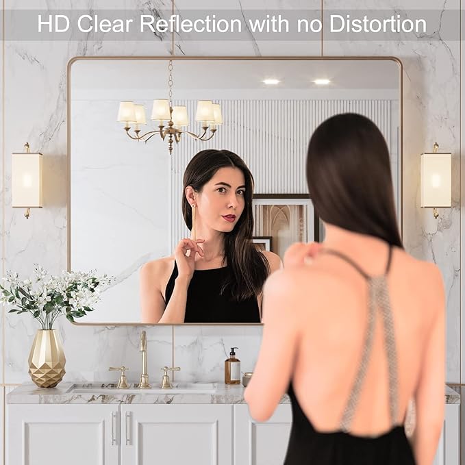 LOAAO 40”X36” Gold Bathroom Mirror, Rounded Rectangle Gold Frame Mirror