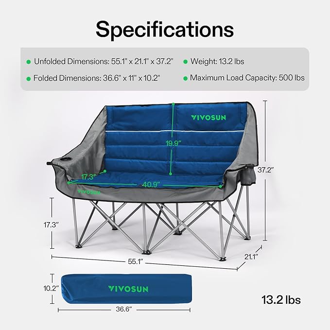 VIVOSUN Double Camping Chair, Fully Padded Folding Loveseat, Oversized Duo Chair with Cup & Wine Glass Holders, Pocket, Armrests & Carry Bag