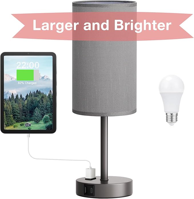 Fenmzee Grey Nightstand Bedroom Lamp - 3 Way Dimmable Bedside Lamp USB C A Charging Ports and AC Outlet, Small Table Lamp Linen Lampshade for Office Desk