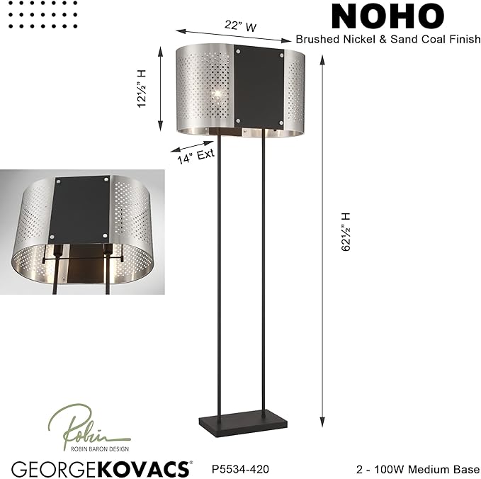 GEORGE KOVACS P5534-420 Noho Two Light Floor Lamp, Brushed Nickel W/Sand Coal
