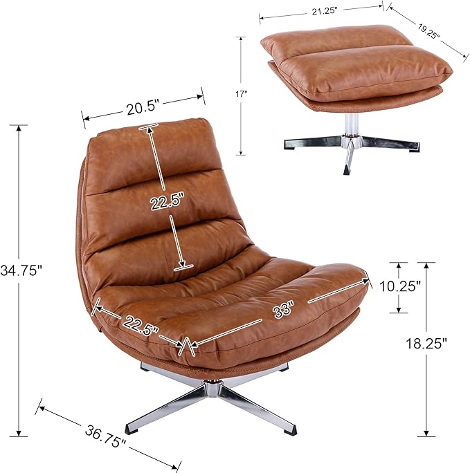 Swivel Accent Chair with Ottoman, Mid Century Modern Faux Leather Lounge Chair with footrest, Comfy Oversized Armchair with 360 Degree Metal Base for Living Room/Bedroom, Brown