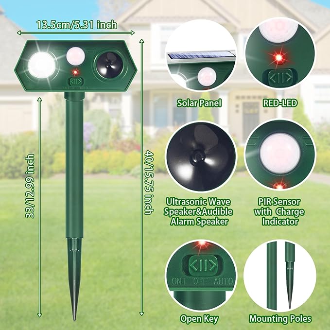 2 Pack Upgraded Solar Ultrasonic Animal Repellent Outdoor Sonic Deer Repellent Devices with Motion Sensor & Flashing Light Effective Cat, Squirrel, Raccoon, Rabbit Deterrent for Yard, Garden