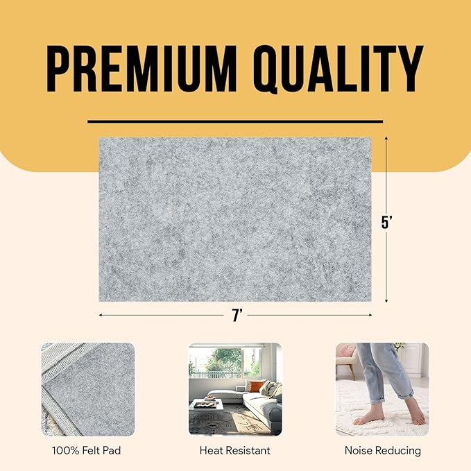 Premium Felt Rug Pad 5x7 Feet, Thick for Hardwood Floors, Laminate, Vinyl, Stone, Carpet & Tile, UnderPadding