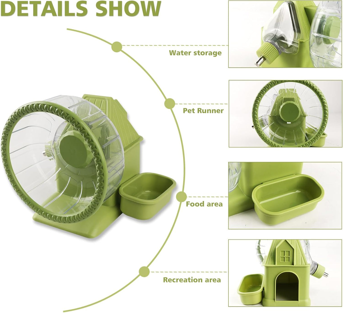 4 in 1 Silent Large Hamster Wheel Multifunctional Hamster Running Wheel Quite Running Spinner Wheel Accessories with Food Bowl Water Bottle for Hamsters Dwarf Gerbil (Green)
