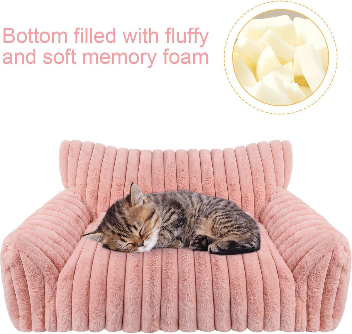 Cute Cat Couch Bed for Indoor Cats, Fluffy Pet Cat Sofa with Premium Soft Corduroy Fleece, Cute Small Dog Beds for Small Dogs, Fuzzy Puppy Chair with Removable Washable Cover (24x18x10,Pink)