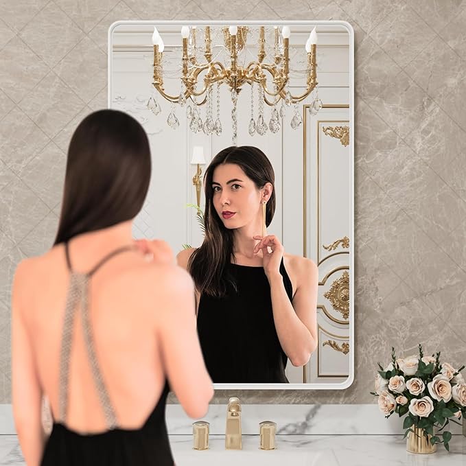 LOAAO 20x30 Inch White Metal Framed Bathroom Mirror