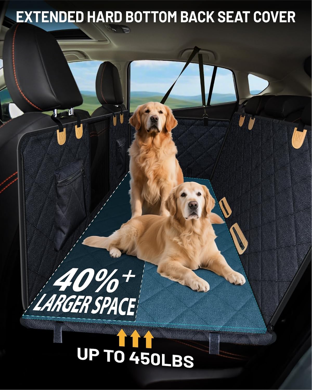 Back Seat Extender for Dog, Waterproof Dog Car Seat Cover for Back Seat, Hard Bottom Car Seat Cover, Large Space Hammock for Full-Size Crewcab Trucks, Pet Seat Cover Holds 450lbs(Black)