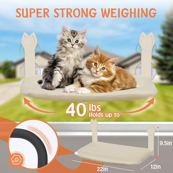 Cat Window Hammock 2-Pack,Foldable Cat Perch with Suction Cups & Metal Frame,Holds up to 40 lbs - Durable & Secure for Cats,Features 2-Sided Cushion & Easy Storage for Sunny Lounging(Beige)