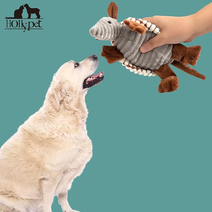 Hollypet Plush Dog Squeaky Toy Stuffed Armadillo Animal Pet Puppy Chew Toys with Clean Teeth for Small Medium Large All Breed Sizes Dogs, Milky White, 8 in