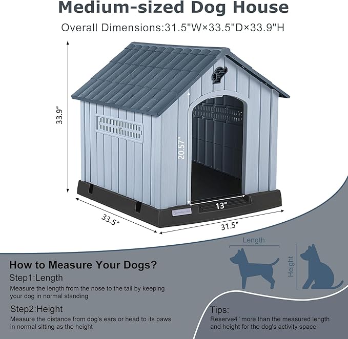 LEMBERI Large Plastic Dog House for Medium Large Dogs, Durable Waterproof Indoor Outdoor Doghouse with Air Vents and Elevated Floor, Easy to Assemble (Gray, 33.5" L x 31.5" W x 33.9" H)