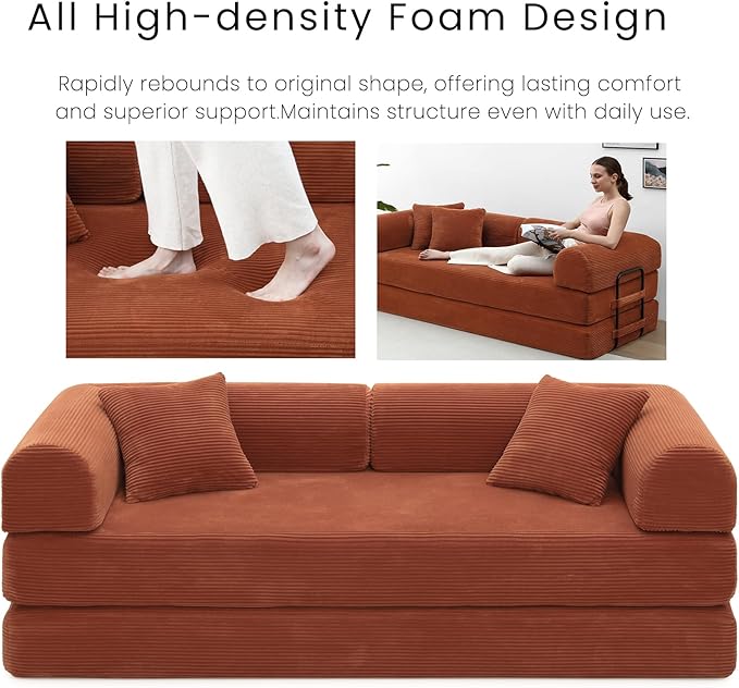 Compression Sofa - 79'' Convertible Sofa Bed, Boneless Couch in a Box, Modular Corduroy Foldable Sleeper Sofa with 2 Pillows, Loveseat Couches for Living Room (Corduroy Fabric, Orange)