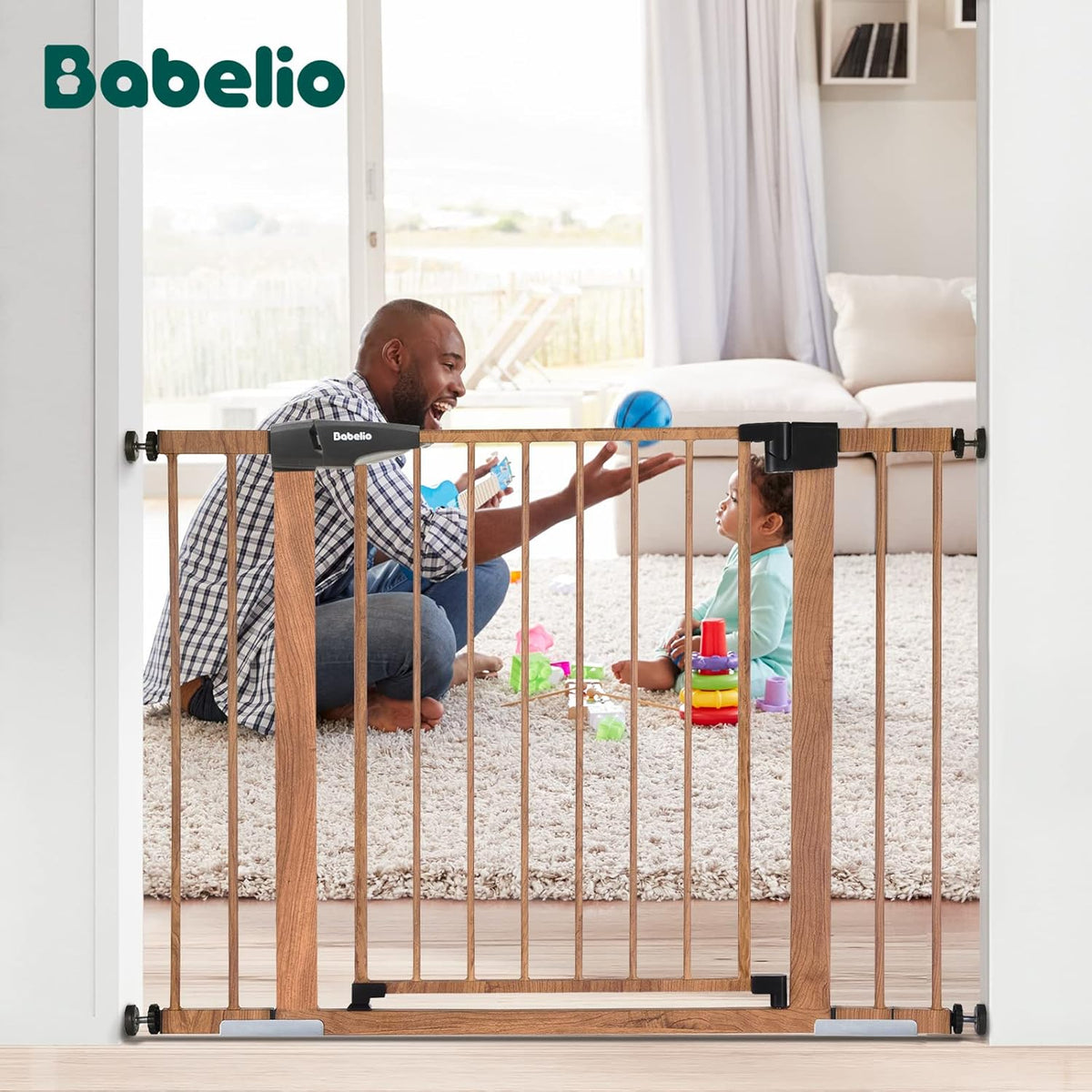 Mom's Choice Award Winner-BABELIO 26-40 Inch Metal Baby Gate with Wood Pattern, Easy Install Pressure Mounted Dog Gate, Ideal for Stairs and Doorways, with Wall Protectors and Extension Kits
