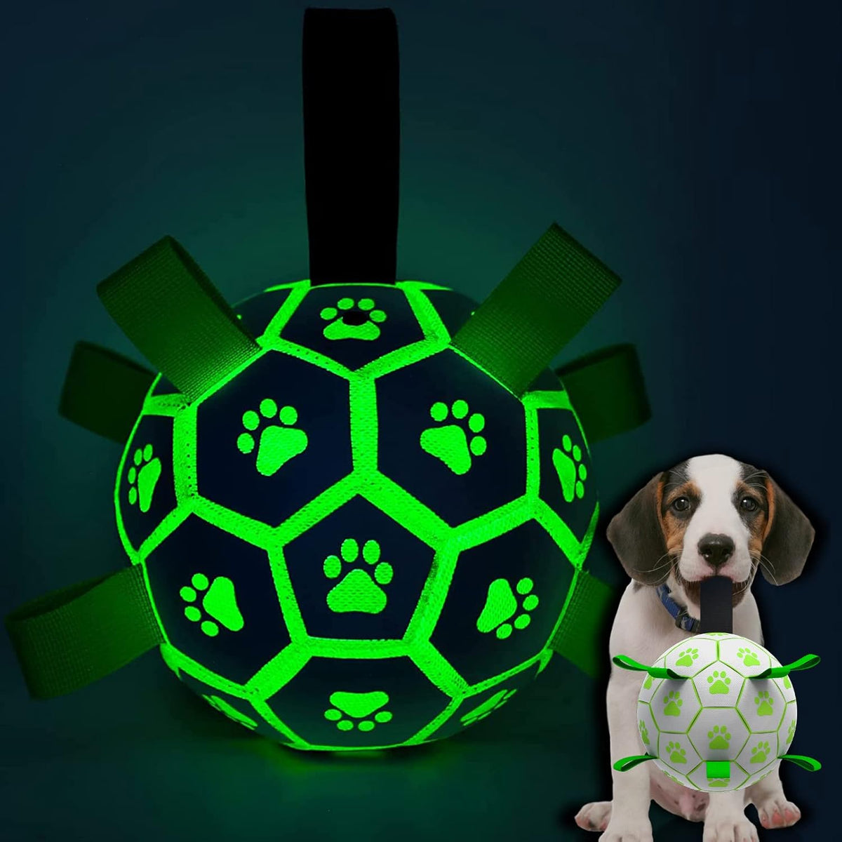 QDAN Glow in The Dark Dog Toys Soccer Ball with Straps, Outdoor Interactive Dog Toys Puppy Birthday Gifts, Dog Tug Water Toy, Light Up Dog Balls for Small & Medium Dogs（6 Inch Size 2）