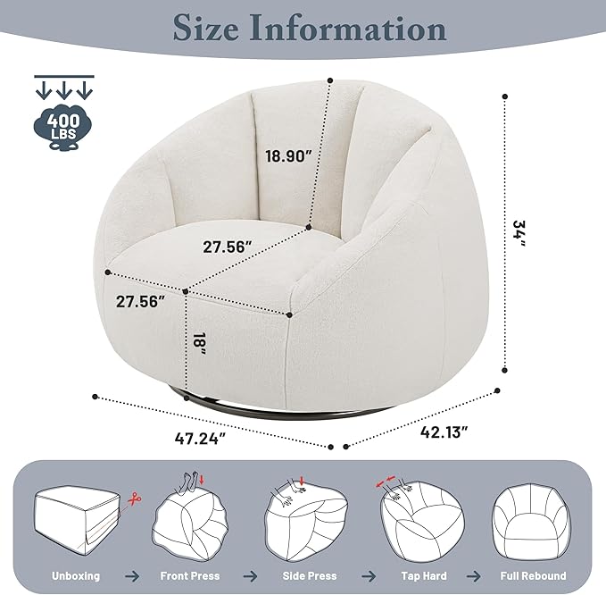 Swivel Giant Bean Bag Chair for Adults - Comfy Plush Round Shell Soft Accent Chair, Oversized Cozy Floor Sofa for Living Room, Bedroom & Game Rooms, Beige
