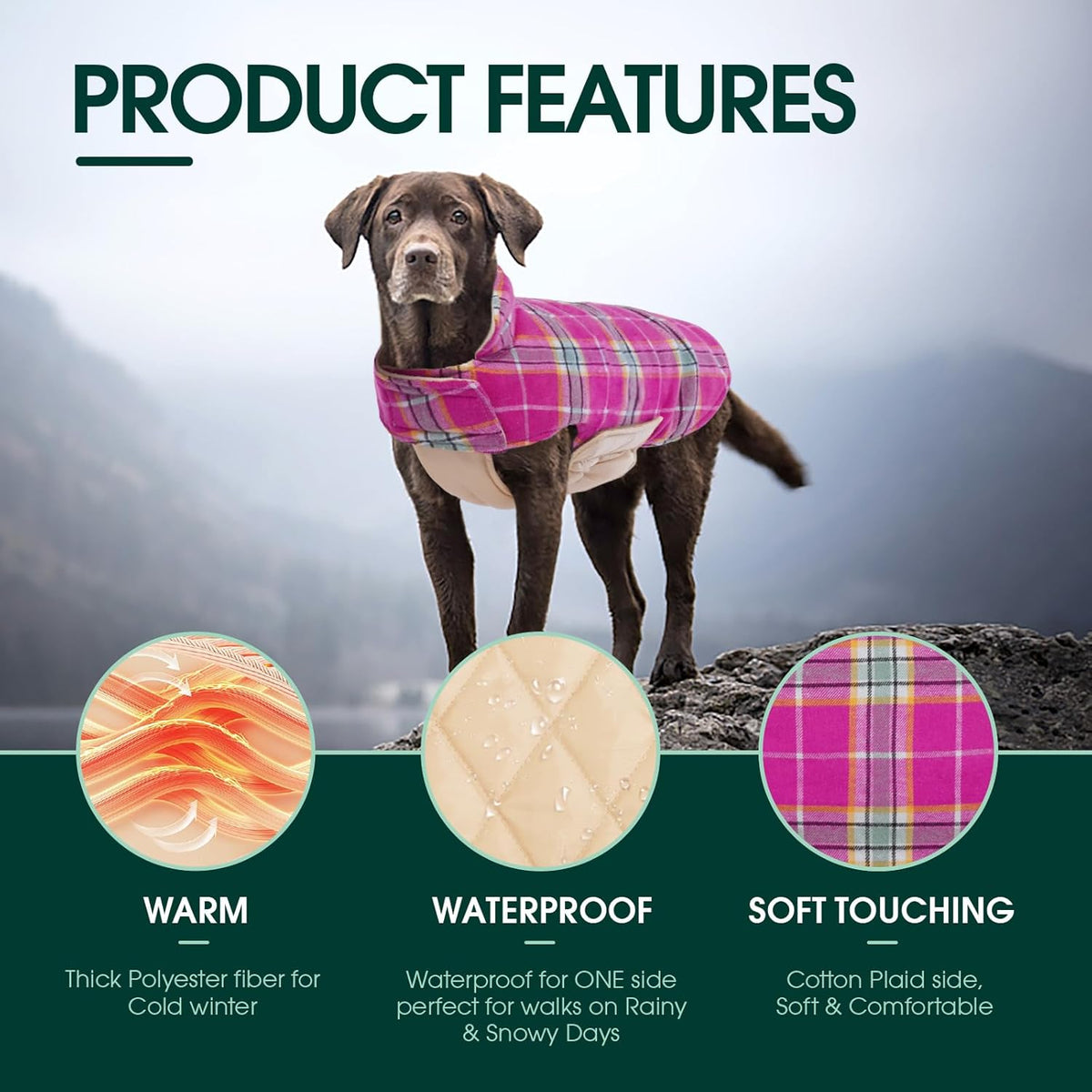 Kuoser Waterproof Dog Coat, Reversible Dog Jacket for Large Dogs, Adjustable Durable Doggie Winter Coat for Groowing Puppies Warm Puppy Cold Weather Apparel, Rose L