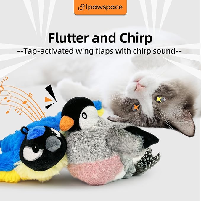 Interactive Flapping Bird Cat Toy with Catnip, Touch Activated Rechargeable, Musical Sound (can Turn Off), Satisfy Cat's Natural Huting Instinct, Soft Plush Washable Cover (Blue)