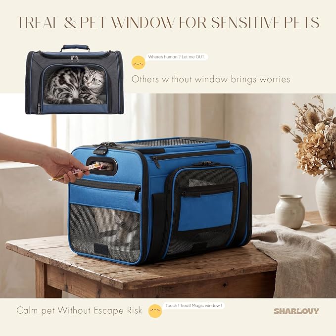 Top-Side Expandable Pet Carrier, Treat Window,17x11x9.5 Airline Approved | for Alaska Hawaiian, Soft-Sided Cat Carrier, Anti-Scratch Mesh, Lockable Zippers,Dog Carrier for Kitten,Rabbit,Puppy, Blue