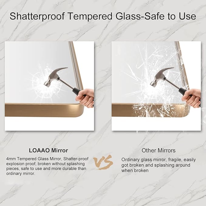 LOAAO 60”X36” Gold Bathroom Mirror, Rounded Rectangle Gold Frame Mirror
