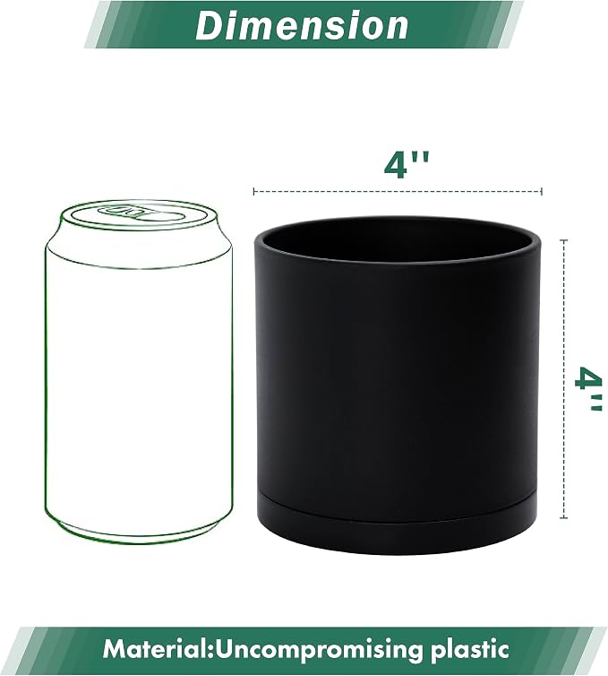 D'vine Dev 2 Pack 4 Inch Modern Plastic Plant Pots, Small Garden Planters for Plant with Drainage Holes and Saucers, Black Color, 74-Y-E-1