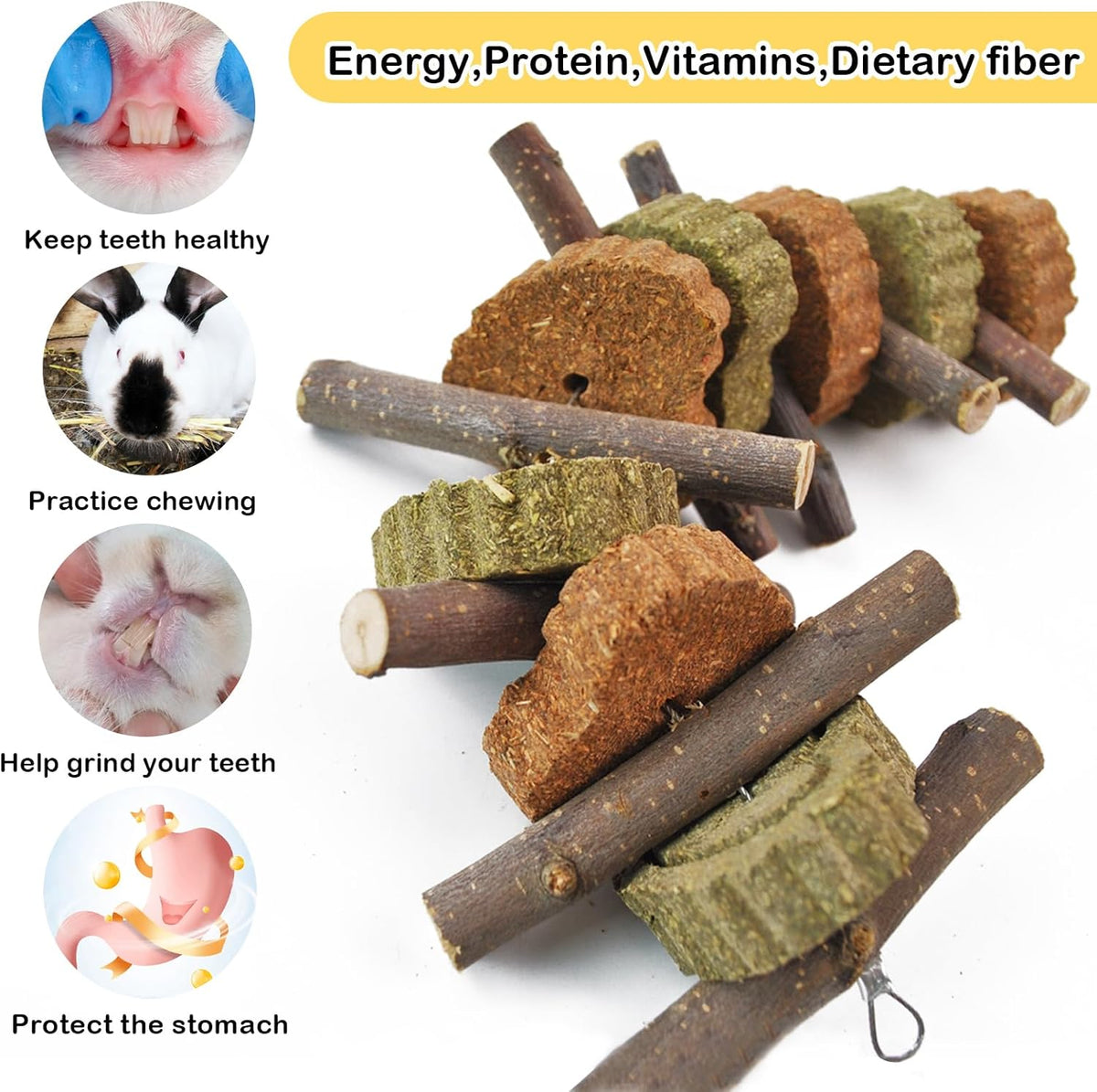 Rabbit Chew Toy,Bunny Chew Toys for Teeth Grinding,Natural Apple Branch Teething Sticks with Hay Grass Cake Improve Dental Health Bunny Hanging Chew Toys for Rabbits,Chinchillas,Hamster (4 Pcs)