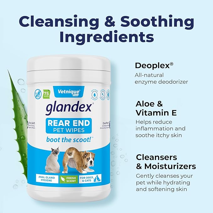 Vetnique Glandex Dog Wipes for Pets Cleansing & Deodorizing Anal Gland Hygienic Dog & Cat Wipes with Vitamin E, Skin Conditioners and Aloe (75ct)