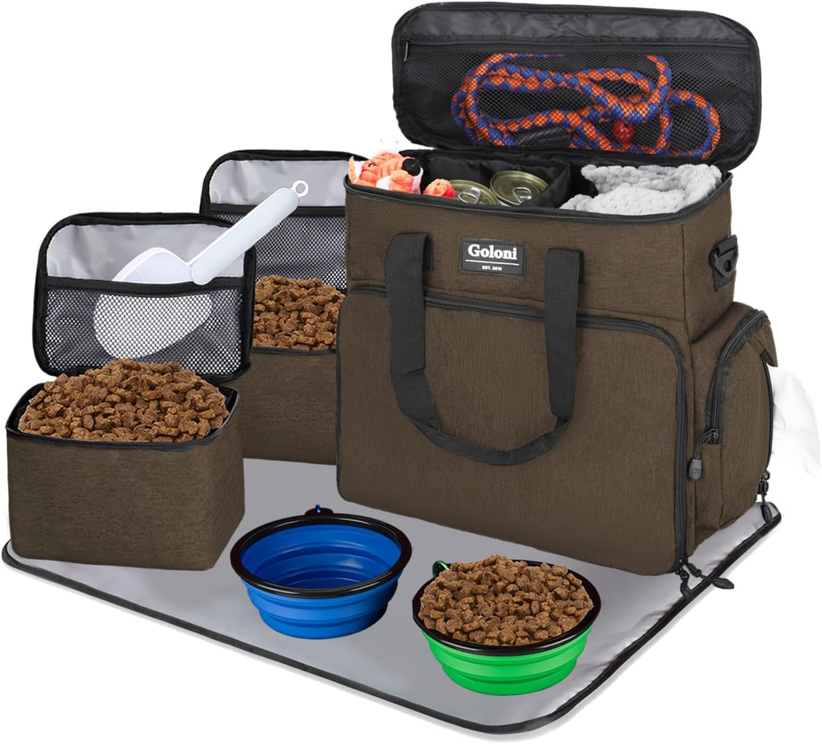Dog Travel Bag Airline Approved–Pet Travel Tote with Collapsible Bowls,Food Containers & Feeding Mat–Multi-Pocket Organizer for Dogs & Cats, Durable & Water-Resistant for Hiking,Trips,Outdoors