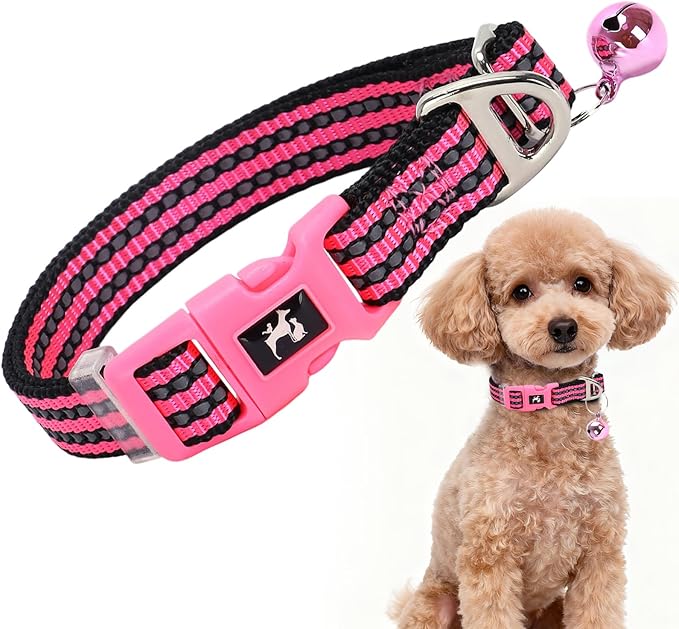 Puppy Collar with Bell Reflective - Adjustable Tiny XS XXS Breed Collar for Girl Female,Night Walk Safety Accessory（Pink XS）