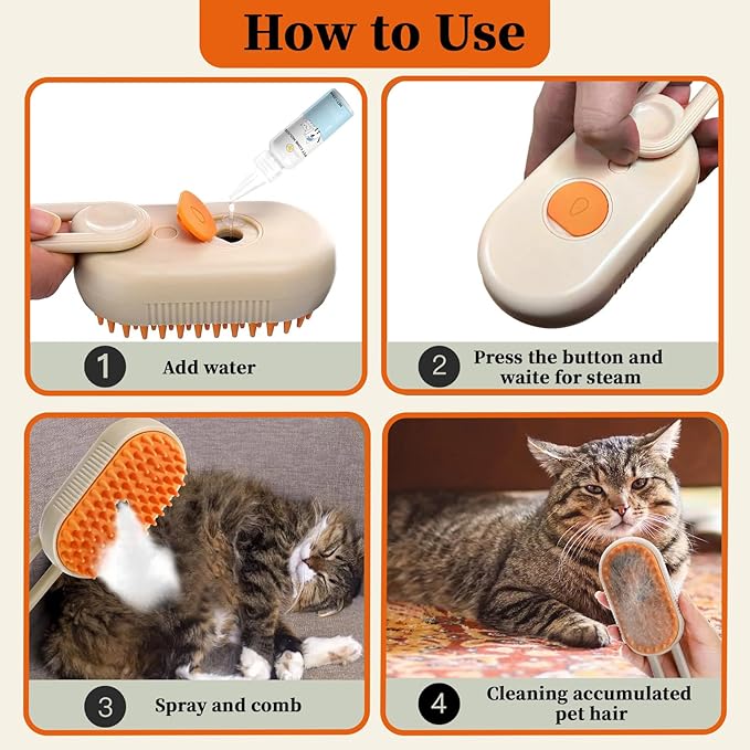 4-in1 Cat Steam Brush for Shedding & Grooming, Spray Hair Removal Comb with 1 Waterless Shampoo, Cat Brush for Massage, Pet Grooming Comb Hair Removal Tool for Cats and Dogs