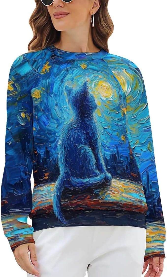 Long Sleeve Shirts for Women Cat Oil Painting Shirt 3D Graphic Sweatshirts Fall Pullover Crewneck Vintage Boho Tops