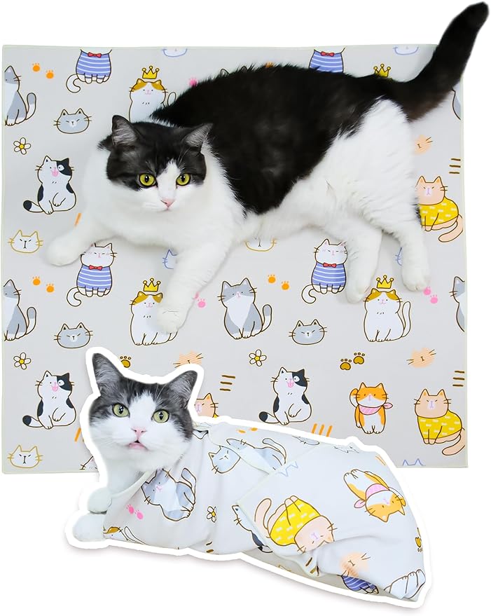 Cat Grooming Wrap for Cutting Nails, 31.5" Anti-Escape Calming Cat Swaddle Wrap for Medicine, Nail Clipping, Teeth Brushing, Ear Cleaning, Self-Adherent Burrito Restraint, (CatLand, XL)