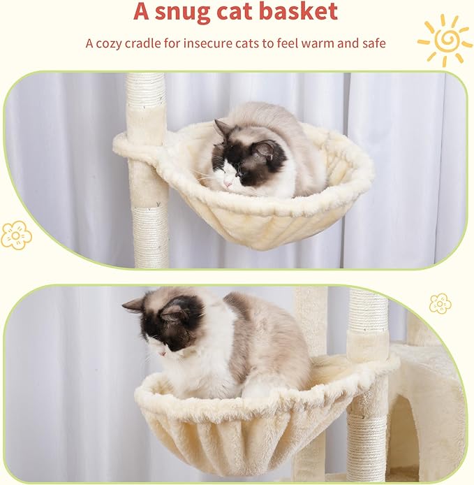 Hey-brother Cat Tree Tower, Scratching Posts with a Extended Part, Wide Platforms, Cozy Condos, Hammocks, Sisal Columns and Ball for Indoor Cats, 70.1 Inches, Beige MPJ038M