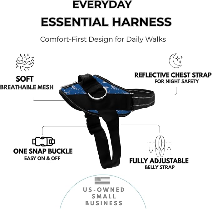 ShawnCo Essential Dog Harness, No-Pull Pet Vest (White Sharks,L) | 3 Leash Clips, Easy On, No-Choke, Reflective, Adjustable Fit, Padded Comfort, Control Handle, For Small, Medium & Large Dogs