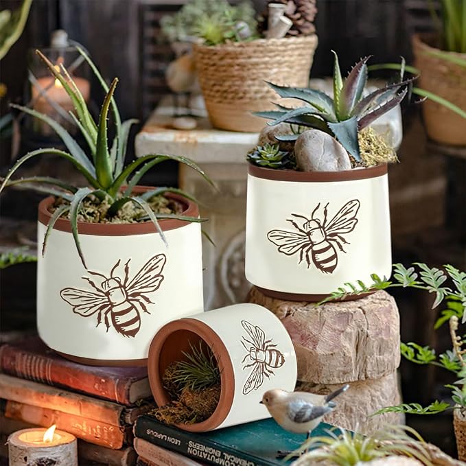 YBX Terracotta Pots Inch with Drainage Holes, Bee Decor, Ceramic Pots for Indoor Plants Flower Pots Outdoor, Succulent, Herbs, Snake Plants (White, 8+6+4 Inch)