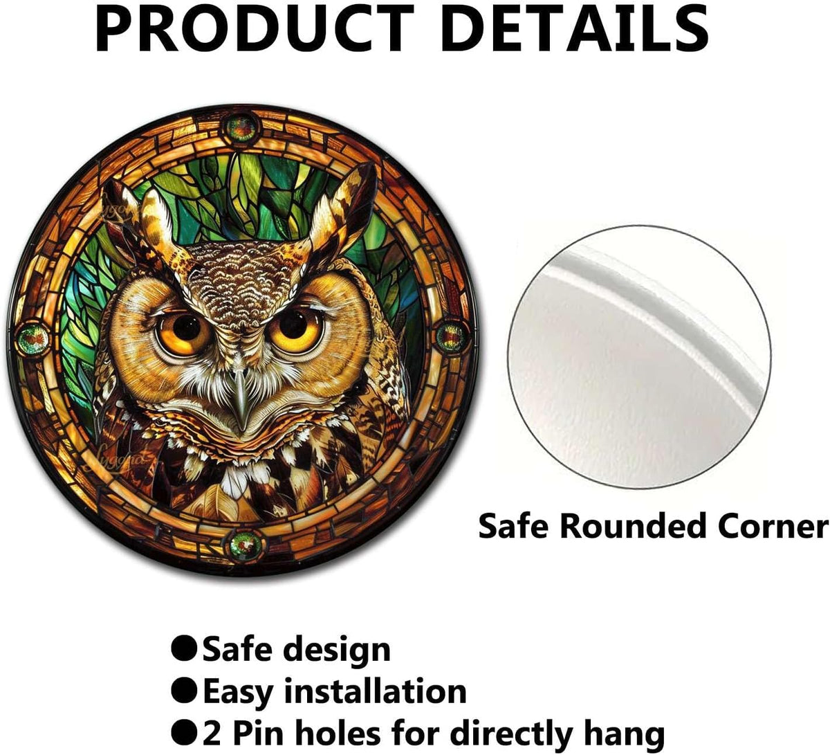 Lygond Metal Sign Tin Sign Circular Stained Glass Owl Home Deccor Store Home Decor for Patio 12×12 Inches