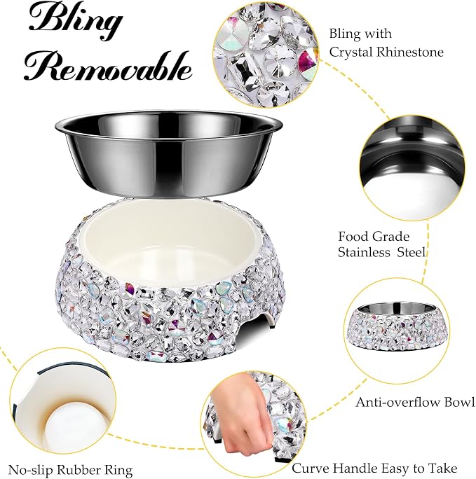 SlowVibes Sparkle Stainless Steel Dog Cat Bowl, Detachable, 7oz | Big rhinestone metal food or water bowl for small dogs and cats, rust-resistant non-slip puppy dish, sparkle pet essential
