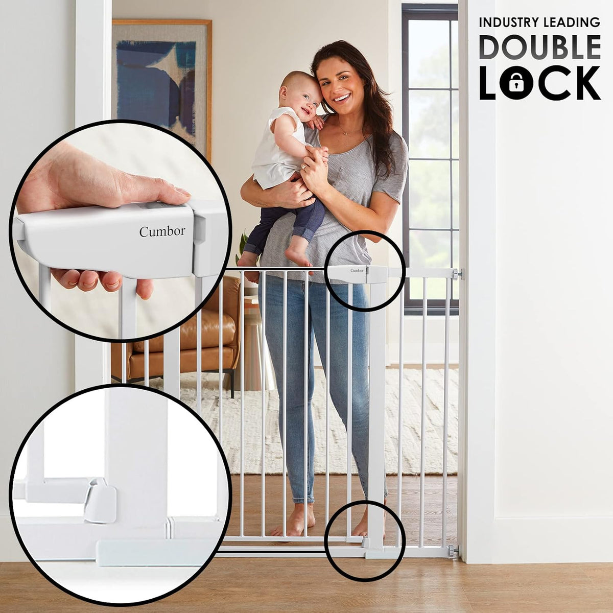 Cumbor 36" Extra Tall Baby Gate for Dogs and Kids with Wide 2-Way Door, 29.7"- 46" Width, and Auto Close Personal Safety for Babies and Pets, Fits Doorways, Stairs, and Entryways, White