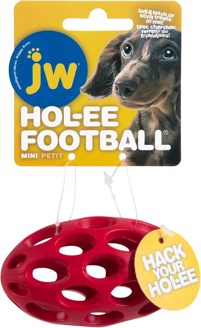 JW Pet Hol-ee Football Dog Toy Puzzle Ball, Natural Rubber, Mini (5.25 Inch Length), Colors May Vary