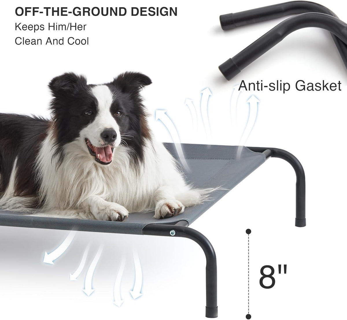 Elevated Cooling Mesh Bed. Breathable rest that stays cool in warm rooms.