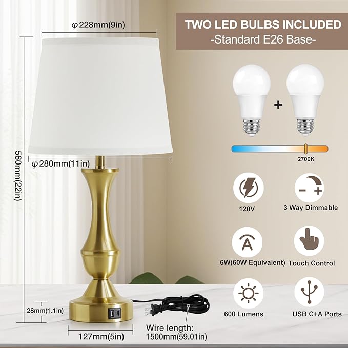 Luvkczc 22" Gold Table Lamps Set of 2 - Modern Luxury Bedside Lamps with White Fabric Shade, Dimmable & Dual USB C+A Ports, Nightstand Lamps for Bedroom/Living Room (Bulb Included)