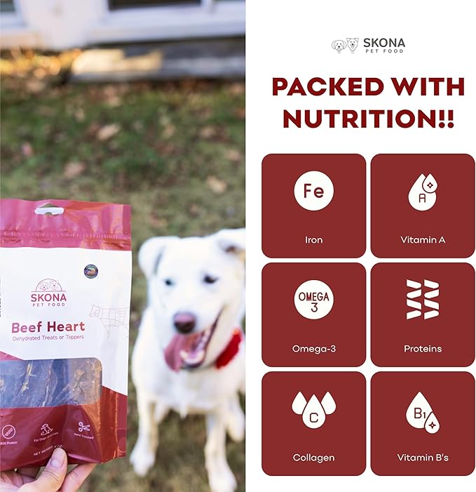 Skona PetFood Beef Heart Jerky Dog & Cat Treats, Single-Ingredient, High Protein Training Snacks, Natural, Grain-Free, USA Made, Rich in Taurine, Supports Digestion & Dental Health, 4oz
