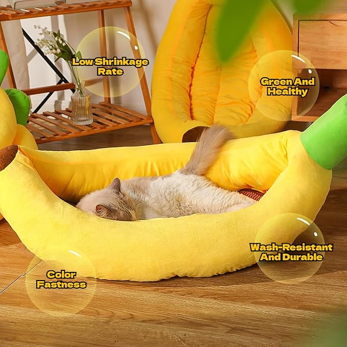 Banana Pet Bed for Small Dogs and Cats, Cozy Enclosed Calming Cave Bed with Removable Plush Cushion for Indoor Kittens Puppies Small Pets (Banana Bed + Mat + Blanket + Bone Toy, Large)