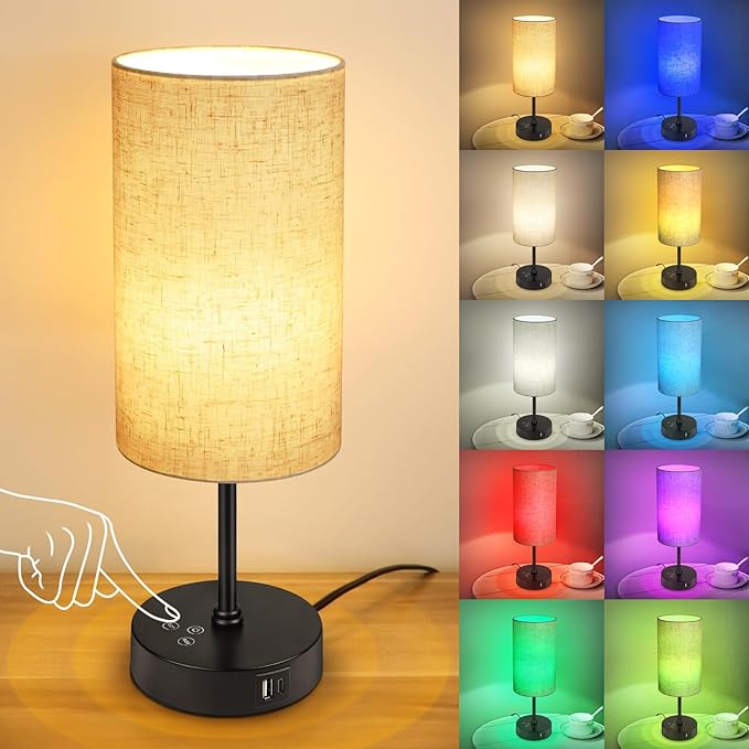 Unicozin Table Lamp, 3 CCT 3000K/4500K/6500K & RGB Color Changing, Stepless Dimmable Small Bedside Lamp for Reading, Ambience Nightstand Light for Home Decor Party, Beige Shade