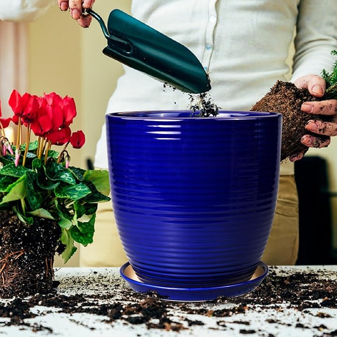 Ceramic Planter Pot - 12 Inch Pot for Plants Large Indoor Plant Pot with Drainage Hole and Saucer Fluted Round Planter for Outdoor Plants Flower Pot for Home Garden Blue