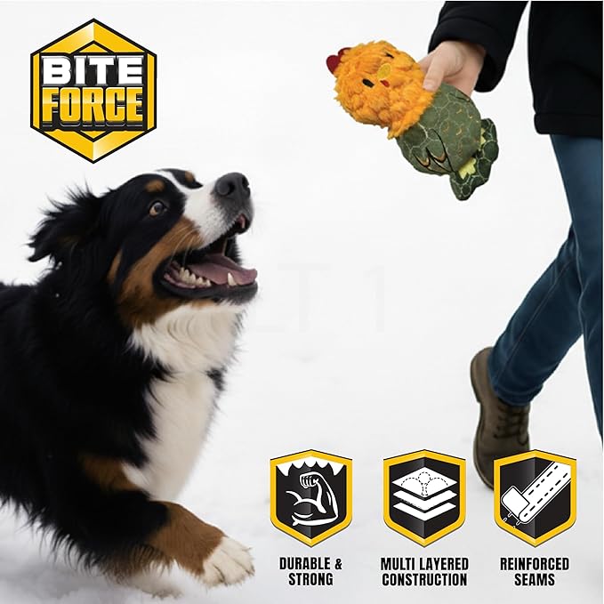 Bite Force -Durable & Strong Dog Toy Rooster with Squeaker, Kevlar-Reinforced for Aggressive Chewers for Small Medium Large Dogs - Green.