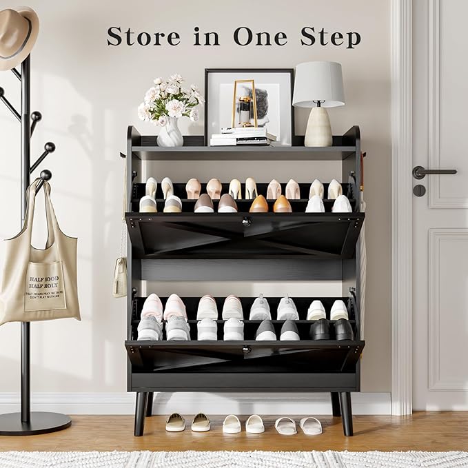 Shoe Storage Cabinet with 2 Flip Drawers & Adjustable Shelves, Freestanding